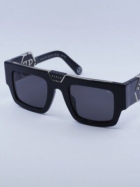 Philipp Plein SPP092M 700Y Sunglasses Black Rectangle Frame, Grey Lenses